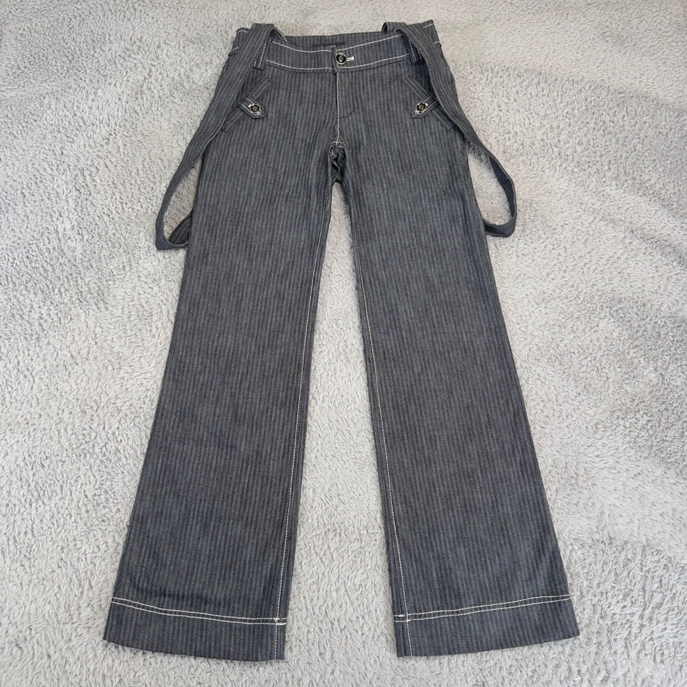 Le Souk Y2K Heringbone Suspender Pants Women 36 US 4 Grey Wide Leg Flare Trouser